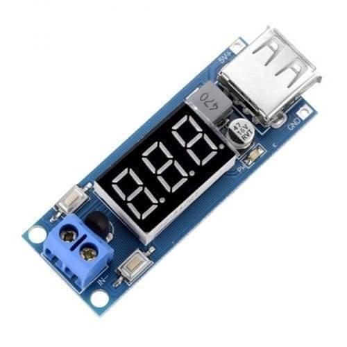 DC To DC 2A USB Charger 4.5-40V To 5V Step-down Buck Converter Voltmeter Module - shown as a blue circuit board with a digital display, USB port, and terminals.