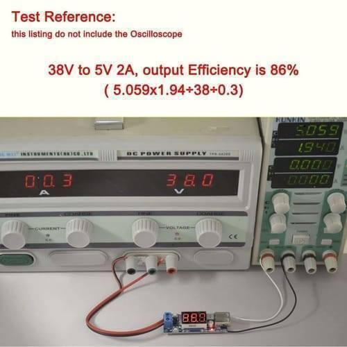 DC To DC 2A USB Charger 4.5-40V To 5V Step-down Buck Converter Voltmeter Module - connected to two DC power supplies showing voltage and current readings.