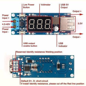 DC To DC 2A USB Charger 4.5-40V To 5V Step-down Buck Converter Voltmeter Module - shown from top and bottom views with buttons, USB port, and digital display.