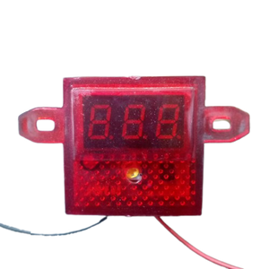 DC Volt Meter 8-30V - a red rectangular digital display module with mounting tabs, a three-digit LED screen, and two trailing wires.