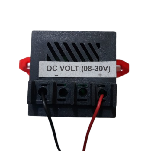 DC Volt Meter 8-30V - a black rectangular digital display module with a rear terminal block featuring two connected wires and a DC voltage label.