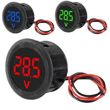 DC Voltage Meter 4V-100V LED Digital Display Round 2 Wire Voltmeter Tester Monitor - shown in blue, green, and red versions, each with a two-wire lead.