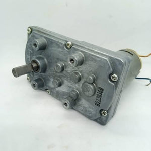 DC Worm Gear Motor AXO40231 - a grey metal gear box attached to a cylindrical motor with a protruding square output shaft and two wire leads.