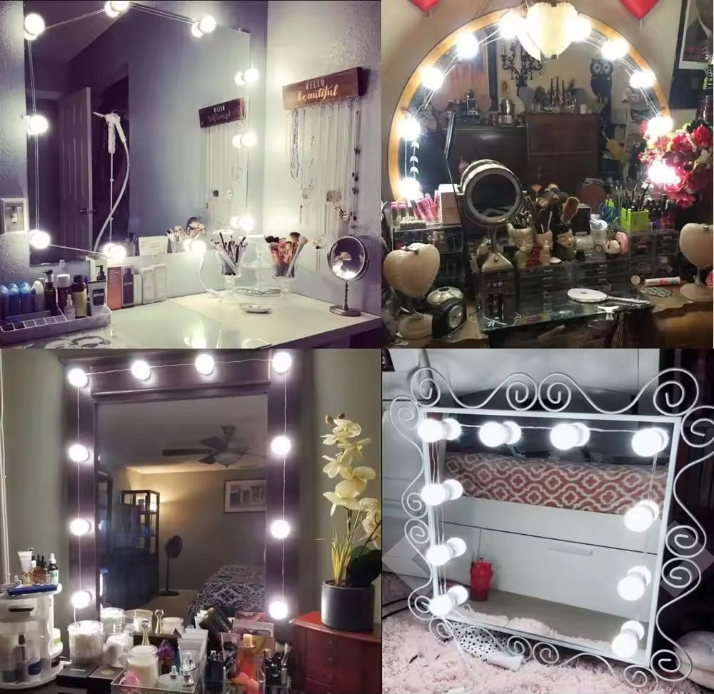 DC12V Series Hollywood Mirror Inductive Switches Dimmable LED Bulb In One Or Three Colors - four vanity mirrors with various arrangements of bright white LED bulbs.