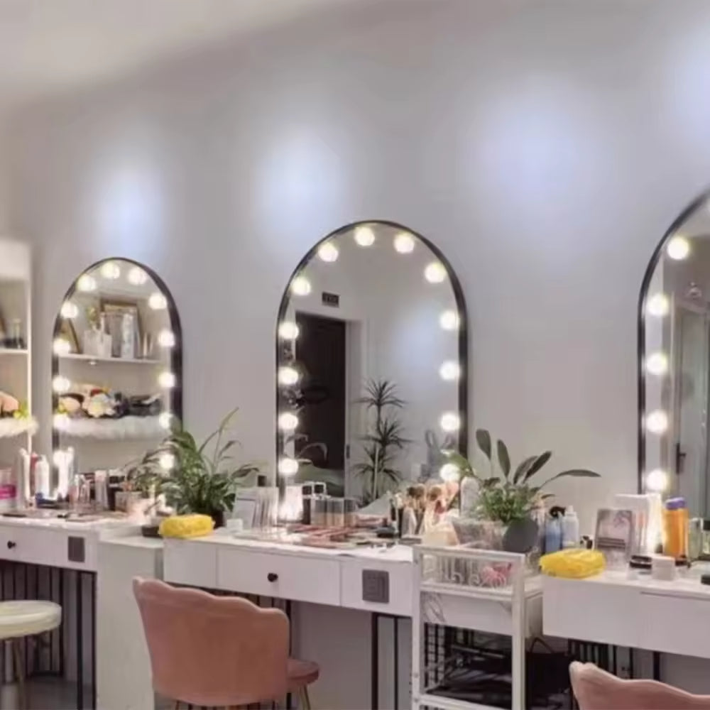 DC12V Series Hollywood Mirror Inductive Switches Dimmable LED Bulb In One Or Three Colors - with white frames and integrated round LED bulbs.