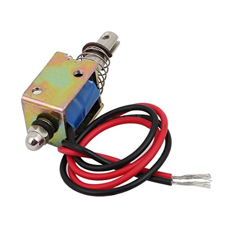 Dc6v 300mA Control Electrical 10mm 4n Force Push Pull Type Frame DC Solenoid - a metal frame, a spring-loaded plunger, and two attached red and black power wires.