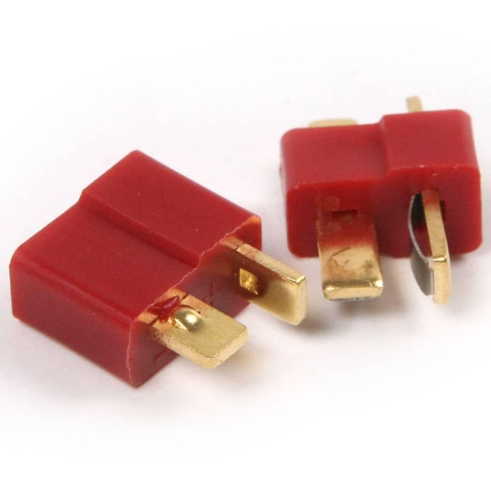 Deans t Connector Pair For Rc LiPo Battery - two red plastic male and female T-style electrical connectors with gold-plated metal blades.