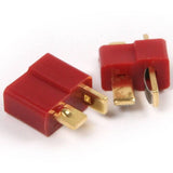 Deans t Connector Pair For Rc LiPo Battery - two red plastic male and female T-style electrical connectors with gold-plated metal blades.
