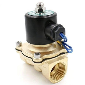 Dell 1 Inch 220V AC Brass Solenoid Valve Coil For Water Air Gas Diesel - a gold-toned brass valve body with a black cylindrical coil and two blue electrical wires.