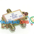 Dell 2 Way Coaxial Tv Cable Splitter 5-890MHz Dell - a gold-toned metal splitter with one input and two output coaxial ports, featuring a white label.