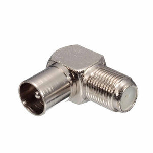 Dell 90 Degree Right Angled Tv Aerial Cable Connector RF Coaxial f Female To Tv Male Plug To Female Socket - a silver-colored metal RF coaxial adapter with a male plug on one end and a female socket.