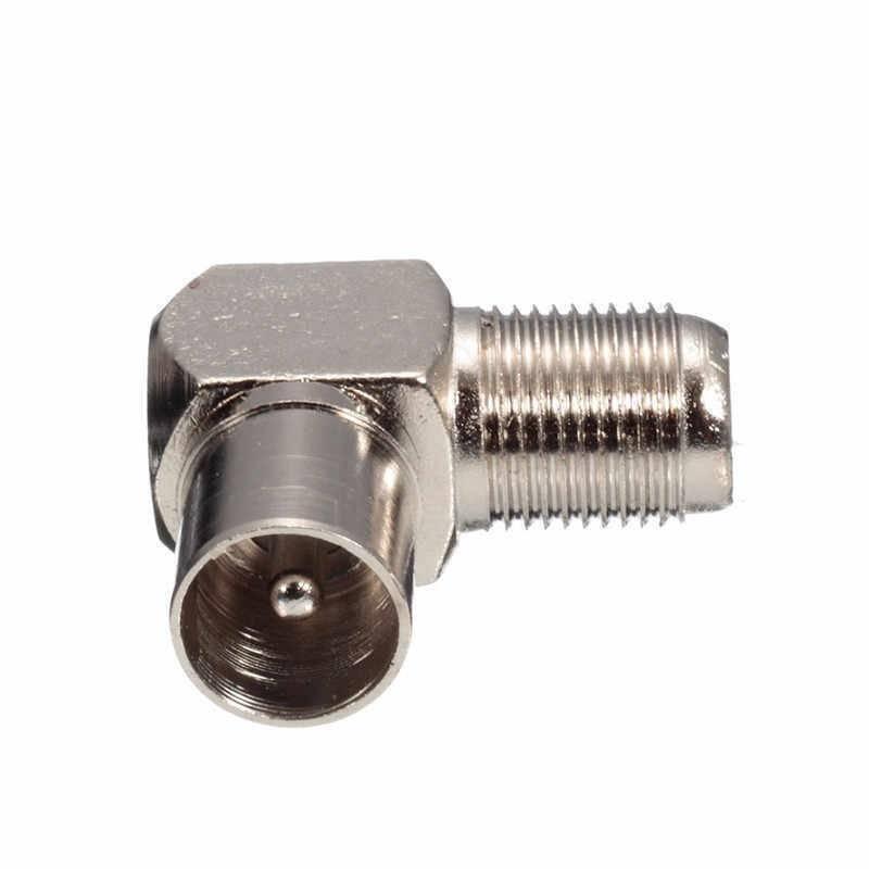 Dell 90 Degree Right Angled Tv Aerial Cable Connector RF Coaxial f Female To Tv Male Plug To Female Socket - a silver-colored metal RF coaxial adapter with a male plug on one end and a female socket.