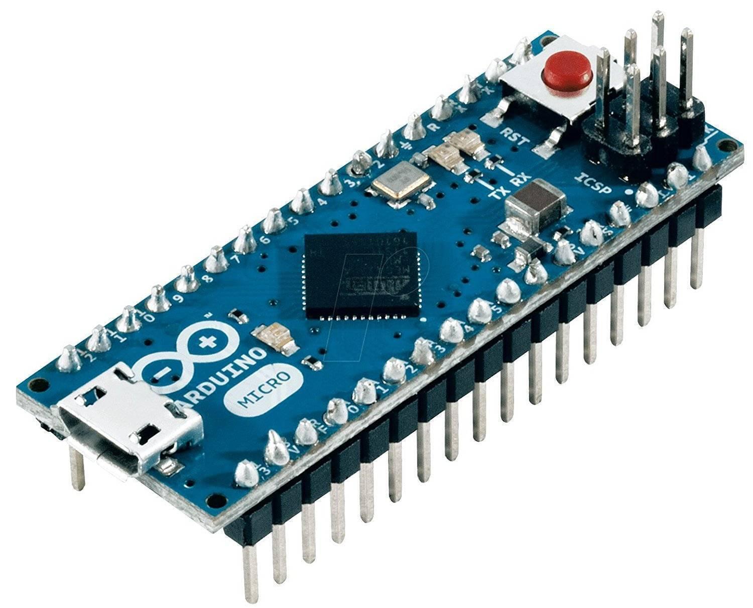 Dell Arduino Micro ATMEGA32U4 Dell - a blue microcontroller board featuring a micro-USB port, a reset button, an ICSP header, and two rows of pin headers.