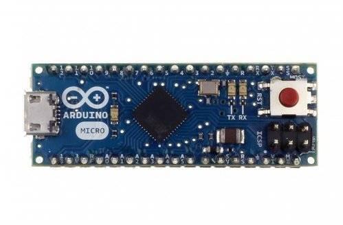 Dell Arduino Micro ATMEGA32U4 Dell - a blue rectangular microcontroller board featuring a micro-USB port, a reset button, and an ICSP header.