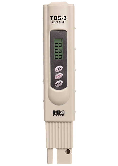 Dell Hm Digital Tds-3 Handheld Tds Meter - a digital display reading 000, three buttons labeled HOLD, TEMP, and ON/OFF, and a sensor tip.