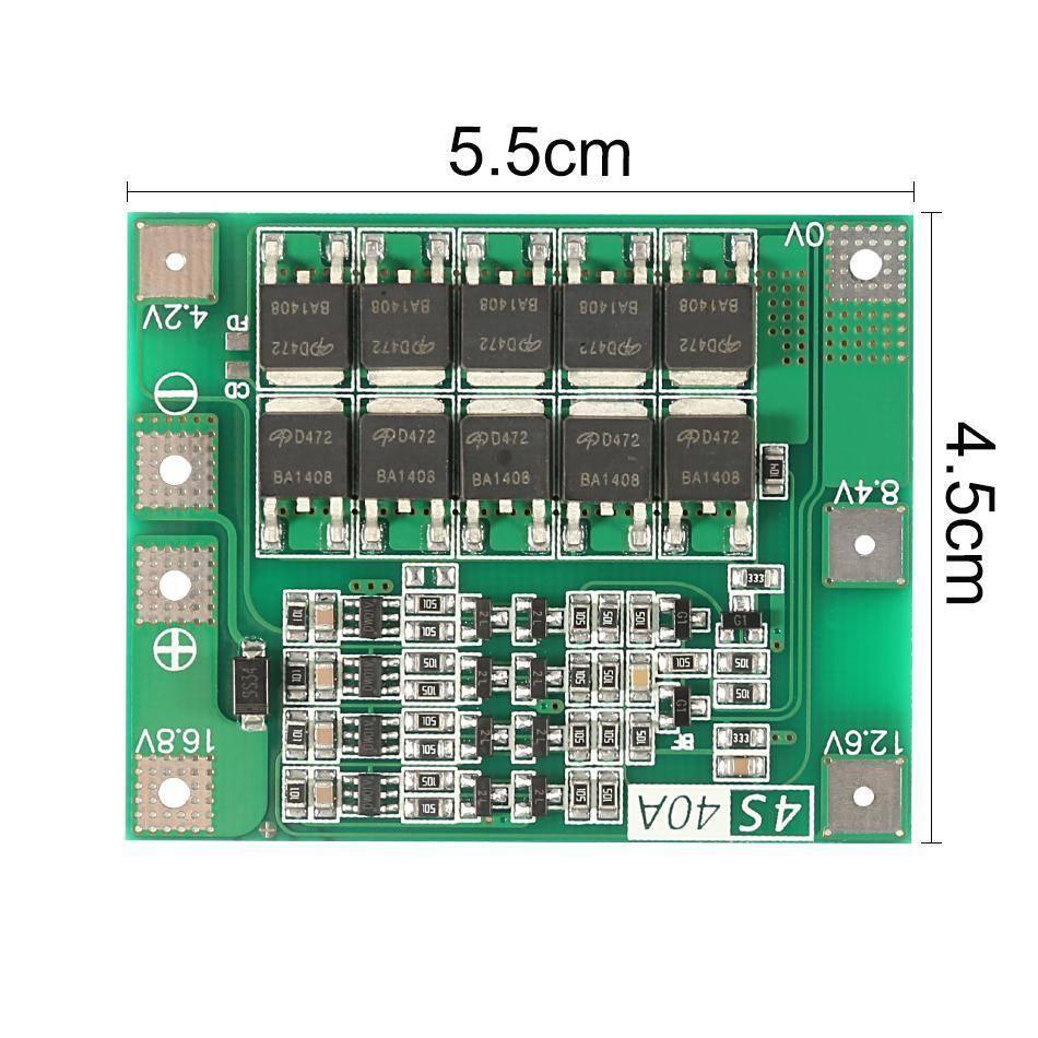 Dell Hw-296 4s 40A Enhance Li-ion Lithium Battery Protection Board - shown as a green circuit board with dimensions 5.5cm by 4.5cm and labeled terminals.