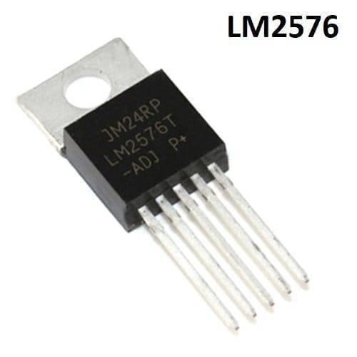 Dell LM2576 Adjuatable Switching Regulator IC - a black, five-pin electronic component with a metal mounting tab and printed text on its top surface.