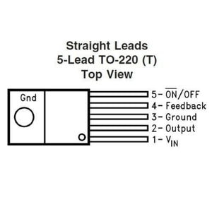 Dell LM2576 Adjuatable Switching Regulator IC - a black and white technical diagram showing the top view and pinout of a 5-lead TO-220 package.