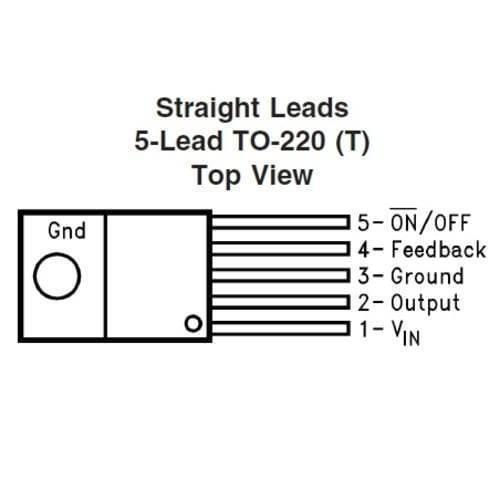 Dell LM2576 Adjuatable Switching Regulator IC - a black and white technical diagram showing the top view and pinout of a 5-lead TO-220 package.