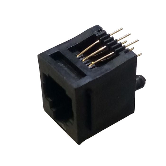 Dell PCB Mount RJ11 6 Pin Connector - a black plastic modular jack with six gold-plated metal pins extending from the rear for circuit board mounting.