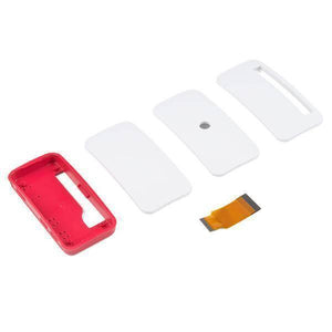 Dell Raspberry Pi Zero Official Case With GPIO And Camera Hole For Raspberry Pi Zero w - the disassembled red base, three white top covers with varying cutouts, and a flexible ribbon cable.