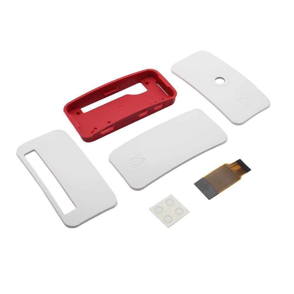 Dell Raspberry Pi Zero Official Case With GPIO And Camera Hole For Raspberry Pi Zero w - three white covers, a ribbon cable, and four adhesive feet laid out on a white background.