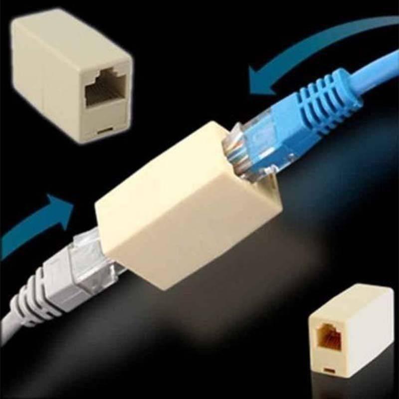 Dell RJ45 Female To Female Network LAN Connector Adapter Coupler Extender RJ45 Ethernet Cable Join Extension Converter Coupler - three beige rectangular couplers, with two Ethernet cables connected to one in the center.