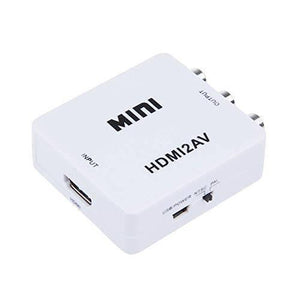 Dell Terabyte Mini HDMI To Av Up Scaler 1080P HD Video Converter Dell - a white, square-shaped converter with an HDMI input port, an AV output, a USB power port, and an NTSC/PAL switch.
