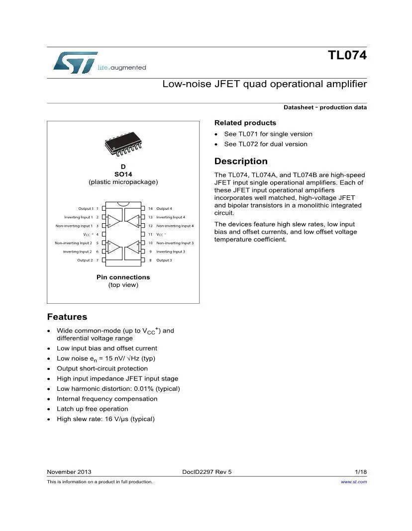 Dell TL074C SMD - the pin connection diagram, package type, and technical features for the low-noise JFET quad operational amplifier.