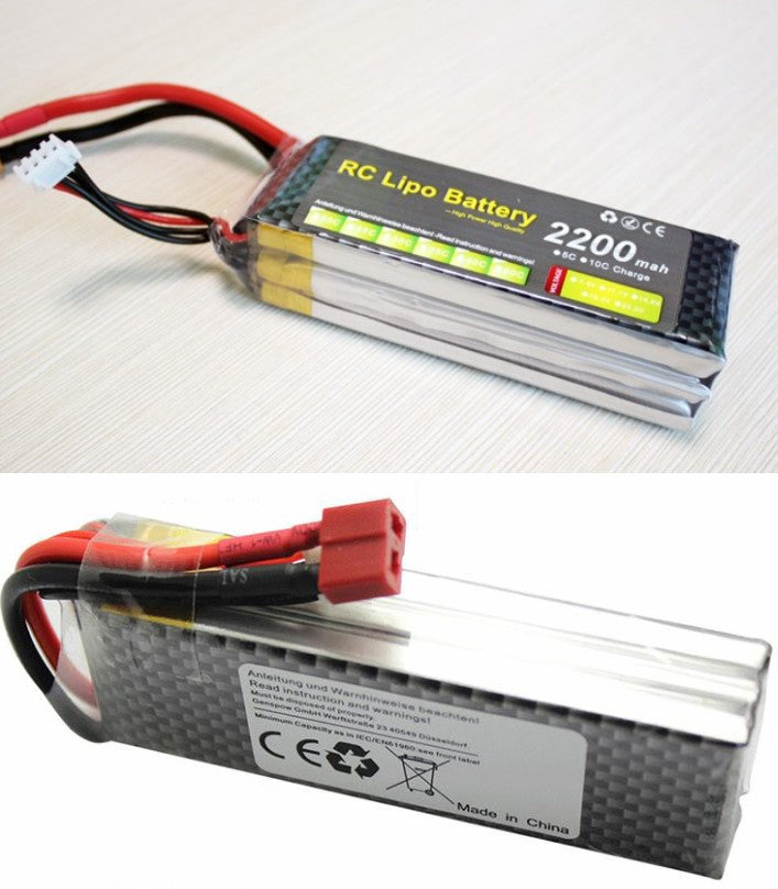 Deltakit 11.1V 2200mAh 3s- 30C LiPo Lithium Polymer Battery Pack Hobby Kit - with a red T-connector and a white balance charging plug, shown from two different angles.