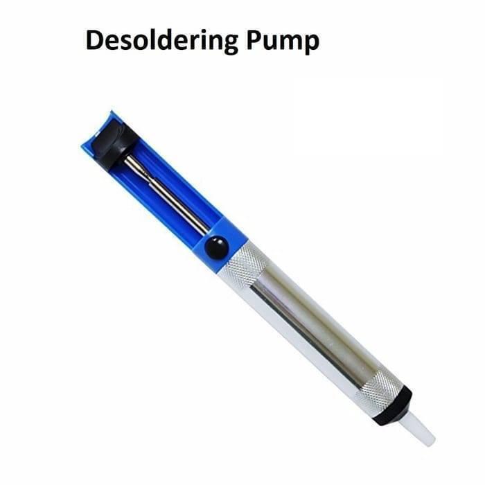 Desoldering Pump Solder Sucker - shown as a blue and silver handheld tool with a black release button and a white nozzle tip.