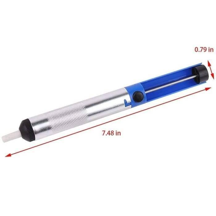 Desoldering Pump Solder Sucker - shown in a dimension diagram with a silver and blue body, a black button, and red arrows indicating its size.