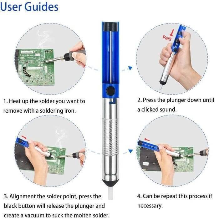 Desoldering Pump Solder Sucker - shown in a four-step instructional diagram with a blue and silver cylindrical tool, a black button, and a white nozzle.