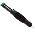 Desoldering Pump Vaccum Solder Sucker - shown as a black handheld tool with a teal plunger, a teal release button, and a white nozzle tip.