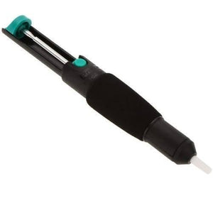 Desoldering Pump Vaccum Solder Sucker - shown as a black handheld tool with a teal plunger, a teal release button, and a white nozzle tip.