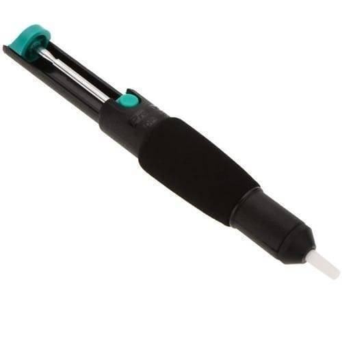 Desoldering Pump Vaccum Solder Sucker - shown as a black handheld tool with a teal plunger, a teal release button, and a white nozzle tip.