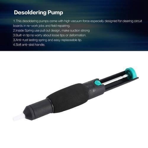 Desoldering Pump Vaccum Solder Sucker - a black manual solder sucker with a white nozzle, a black foam grip, and a teal plunger button, shown against a white background.