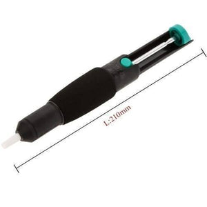 Desoldering Pump Vaccum Solder Sucker - shown as a black tool with a white tip, a green button, and a dimension line indicating a length of 210mm.