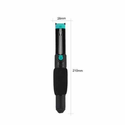 Desoldering Pump Vaccum Solder Sucker - shown in a vertical product dimension diagram with a black and teal body, a central button, and 210mm height labels.