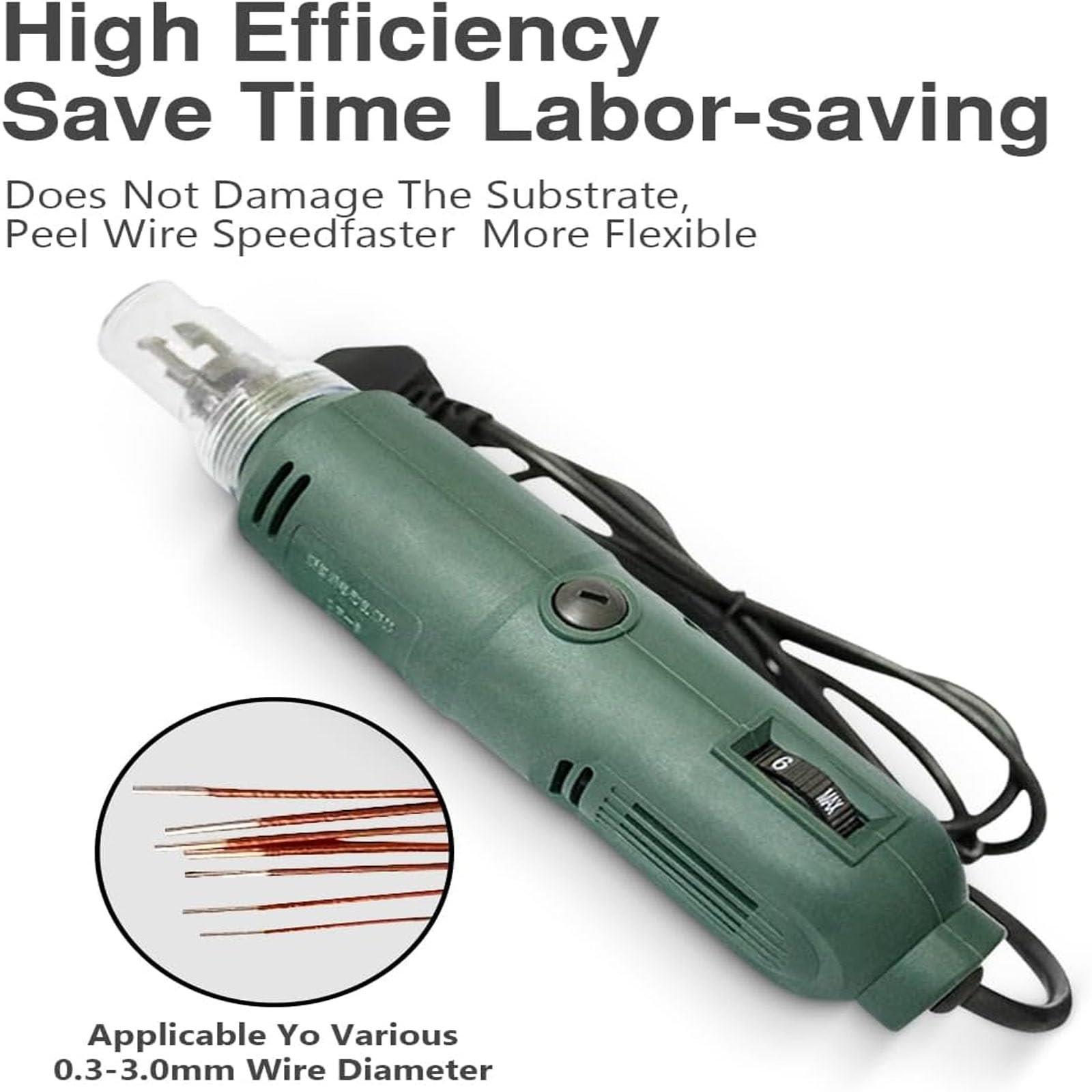 Df-8 Enameled Wire Stripping Machine, Varnished Wire Stripper, Enameled Copper-digilog.pk - a green handheld electric tool with a clear stripping head, a power cord, and a numbered speed control dial.