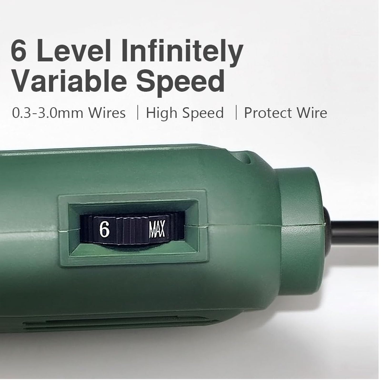 Df-8 Enameled Wire Stripping Machine, Varnished Wire Stripper, Enameled Copper-digilog.pk - a green plastic housing with a black speed control dial set to 6 MAX.