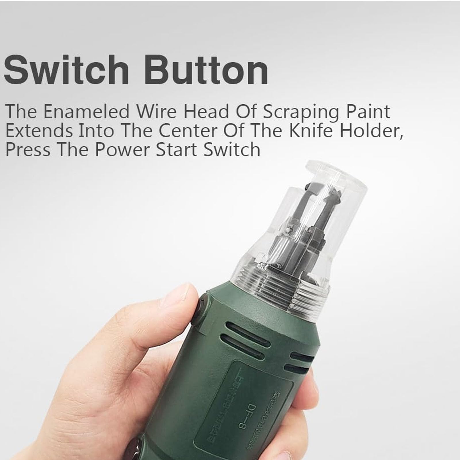 Df-8 Enameled Wire Stripping Machine, Varnished Wire Stripper, Enameled Copper-digilog.pk - the green handheld body, the power switch, and the clear plastic head with internal blades.
