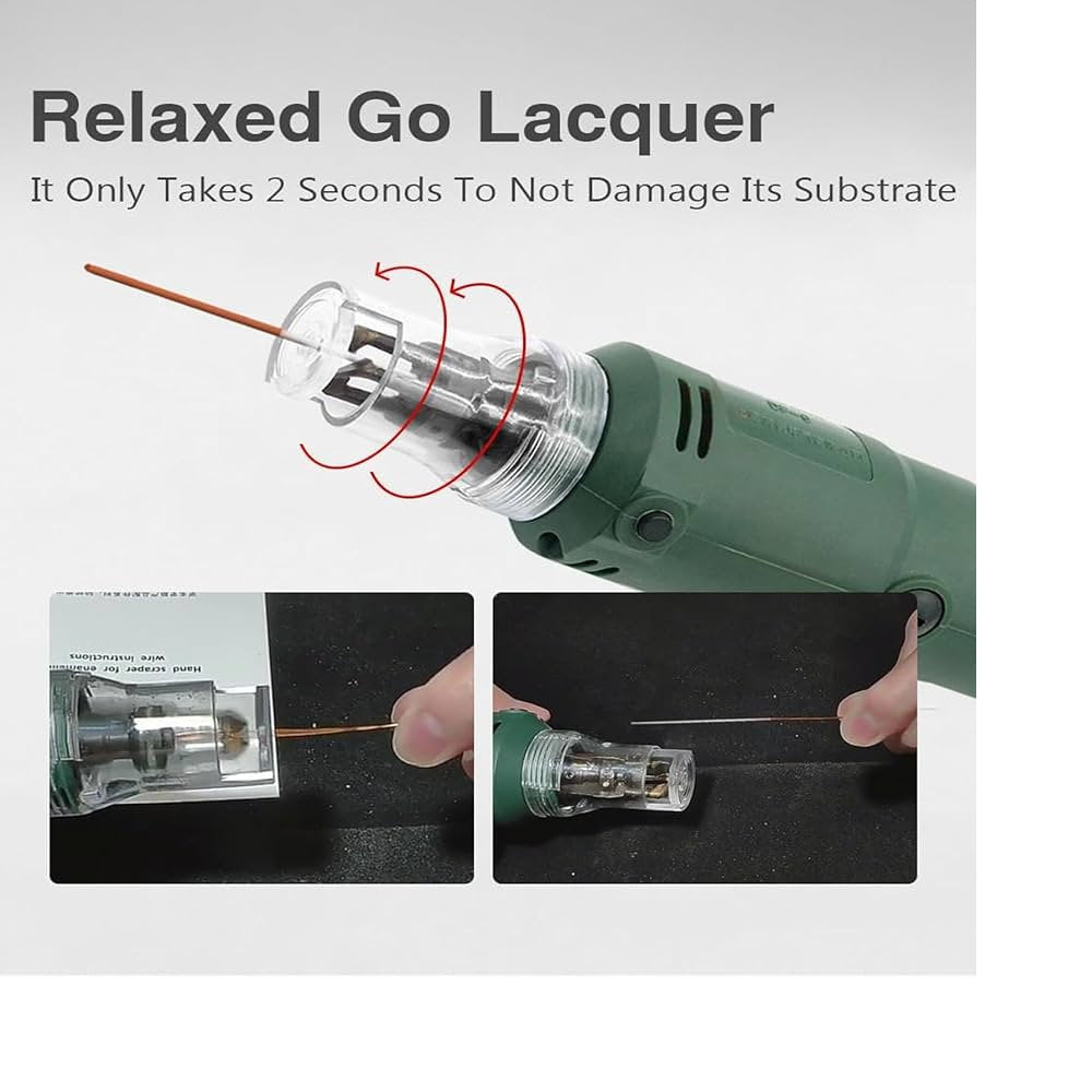 Df-8 Enameled Wire Stripping Machine, Varnished Wire Stripper, Enameled Copper-digilog.pk - a green handheld tool with a clear protective cap stripping insulation from a copper wire in two views.