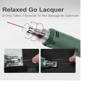 Df-8 Enameled Wire Stripping Machine, Varnished Wire Stripper, Enameled Copper-digilog.pk - a green handheld tool with a clear protective cap stripping insulation from a copper wire in two views.