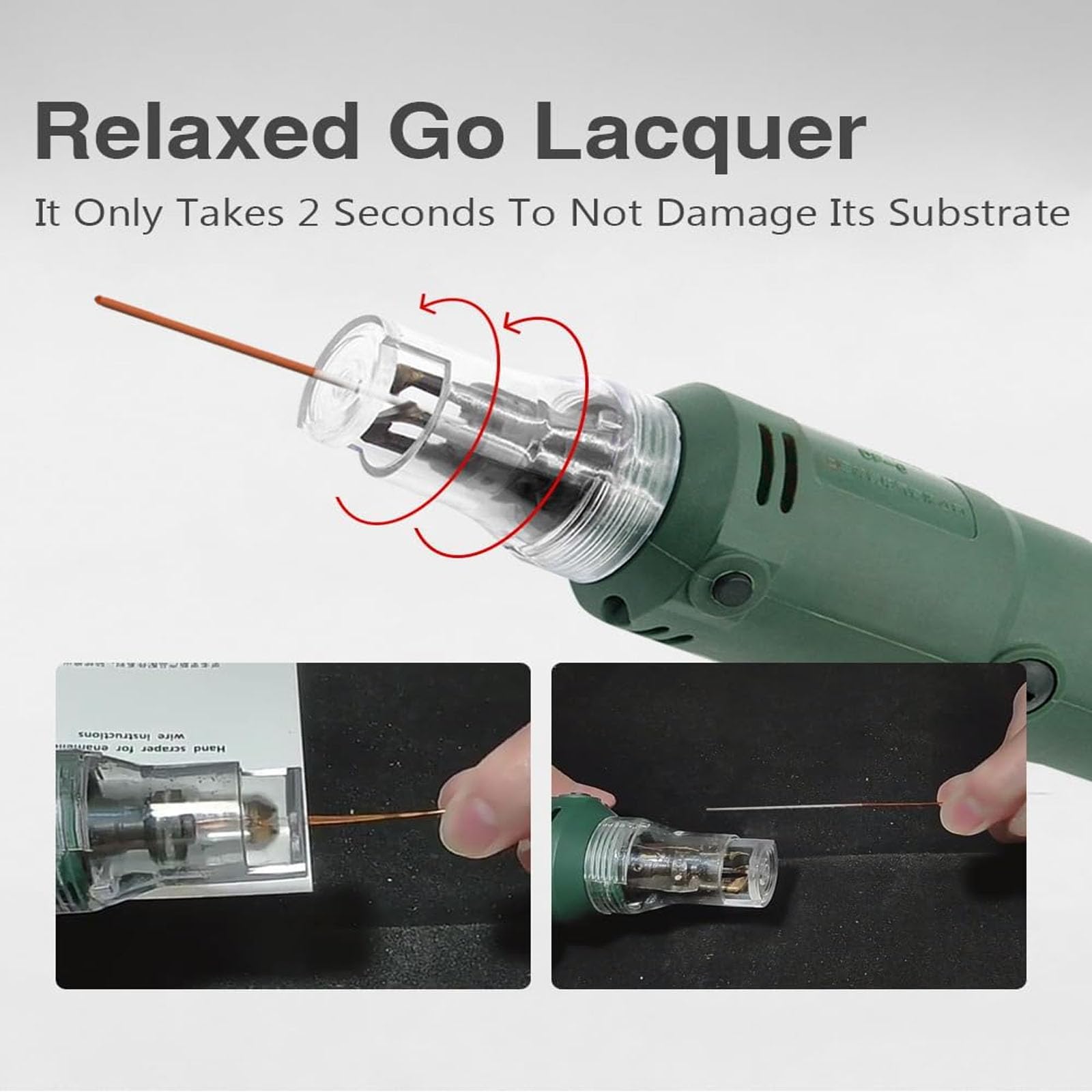 Df-8 Enameled Wire Stripping Machine, Varnished Wire Stripper, Enameled Copper-digilog.pk - a green handheld tool with a clear plastic head stripping insulation off a thin copper wire.