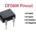 DF06M 600V 1A Bridge Rectifier Diode IC - a black square electronic component with four metal pins and symbols for AC input and DC output printed on its top.