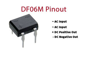 DF06M 600V 1A Bridge Rectifier Diode IC - a black square electronic component with four metal pins and symbols for AC input and DC output printed on its top.