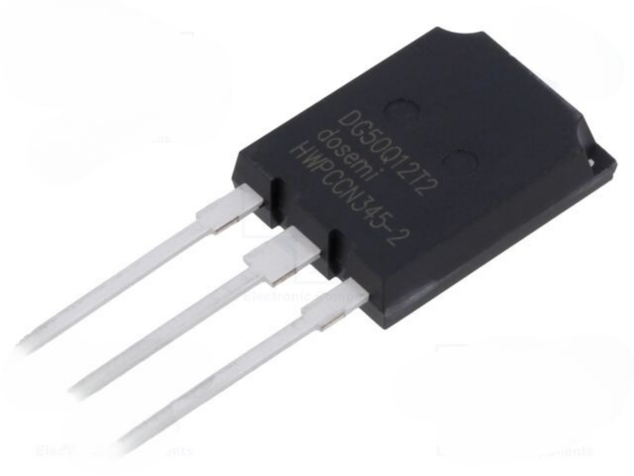 DG50Q12T2 50amp 1200V Dosemi | High-power IGBT Module | Digilog.pk - a black rectangular electronic IGBT module with three silver metal pins extending from one side, viewed from an angled perspective.