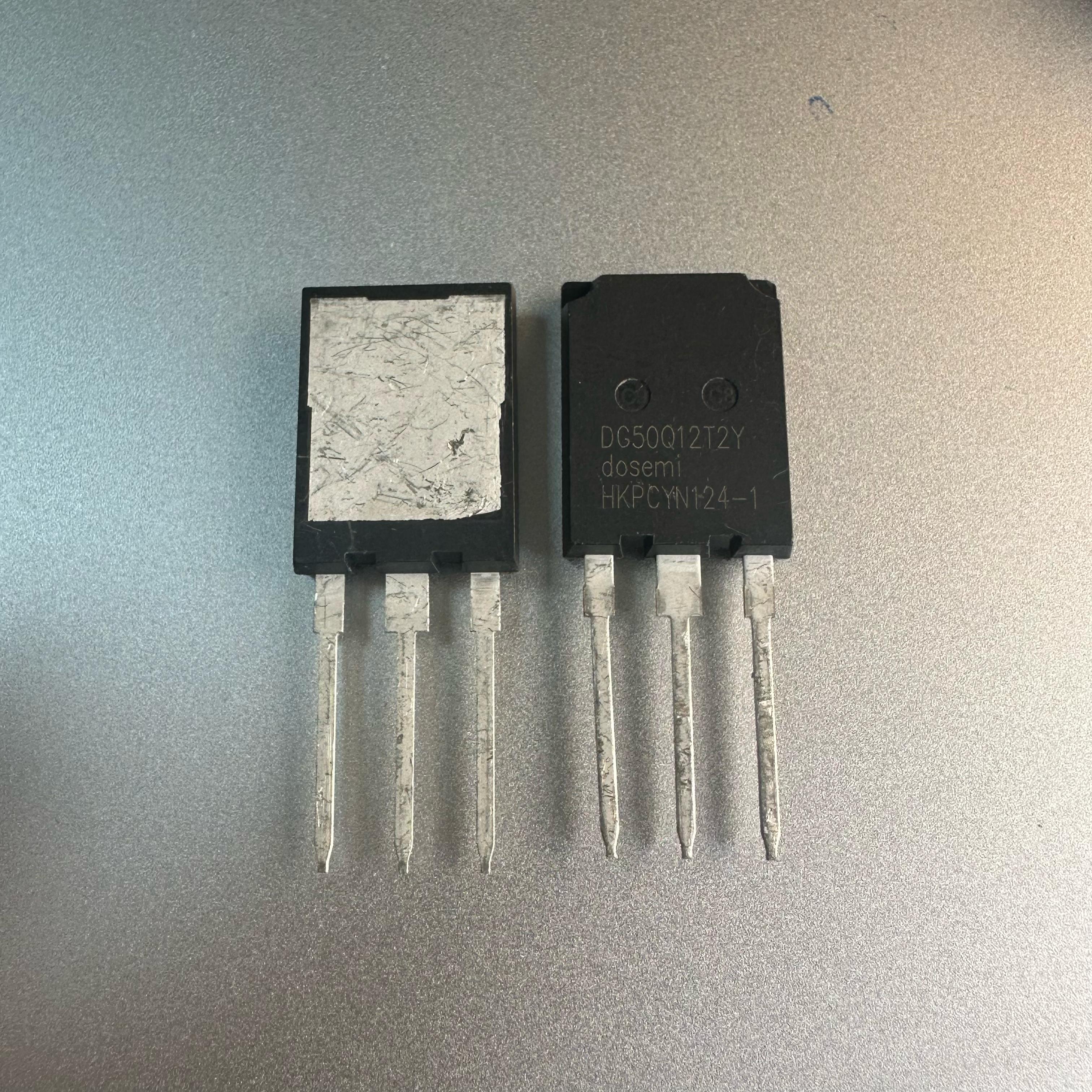 DG50Q12T2 50amp 1200V Dosemi | High-power IGBT Module | Digilog.pk - two black, three-pin IGBT modules with metal heat sinks, one displaying the model number and text clearly.