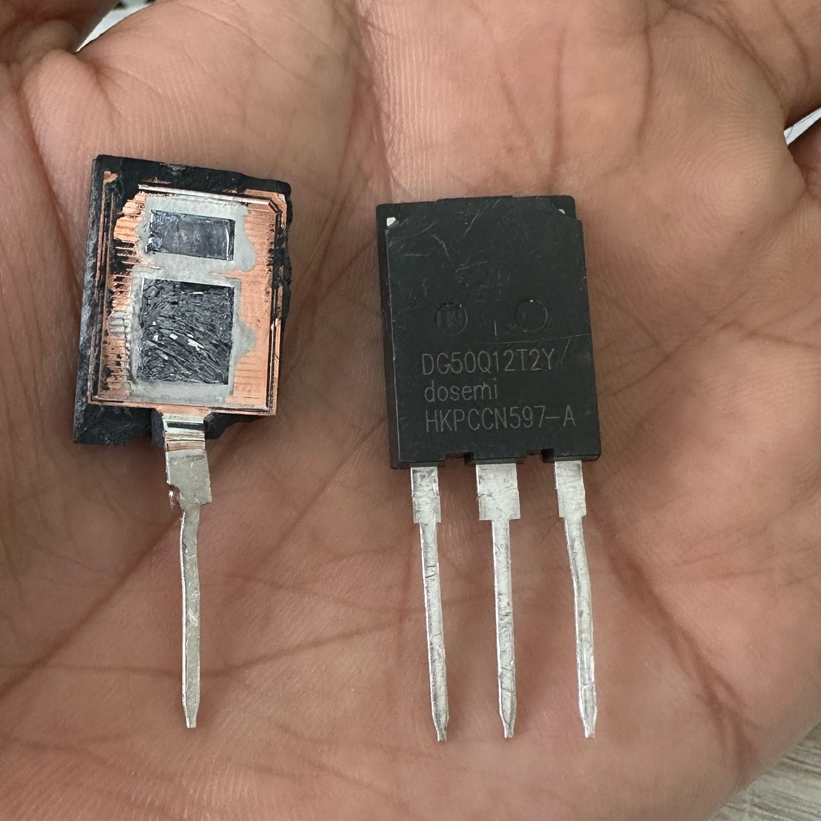 DG50Q12T2 50amp 1200V Dosemi | High-power IGBT Module | Digilog.pk - one intact black three-pin transistor and one opened unit revealing its internal copper and silicon components.